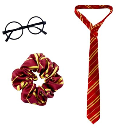 yumcute Magische Kostüm Accessoires Kinder Erwachsene, Wizard Cosplay Rot Und Gelb Gestreiftes Haargummis Krawatte und Runder Brillen, Halloween Fasching Karneval Party Kostüme Zubehör