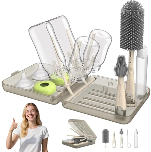 Baby Flaschenbürste Mit Ständer, Babyflaschenbürsten Set, mit Silikonflaschenbürste, Strohhalmbürste, Schnullerbürste, Seifenspender und Trockengestell, Organizer etui, für Reisen, Urlaub mit Baby