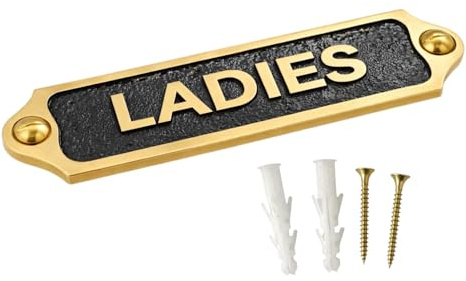 LADIES Brass with Black Door Plaque Sign | Metal Toilet Washroom Door Sign with Engraved Lettering | Wall & Door Name Plate with Mounting Screws for Home Office Shop | 22 x 5 cm | LADIES