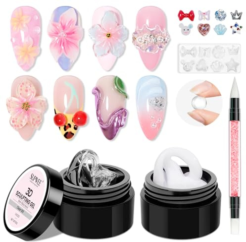SUPWEE 3D Gel for Nails, Clear White Non-Stick Hand 3D Sculpting Nail Gel | Nails Gel Carving Kit with Silicone Mold Nail Art Pen for Salon Home DIY Lamp Cure Require
