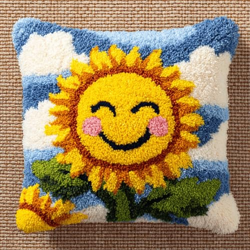 Kit de funda de cojín DIY para ganchillo, cierre de gancho fácil para principiantes, kit de bordado creativo de 43 x 43 cm para adultos, ideal para decoración del hogar, girasol de dibujos animados