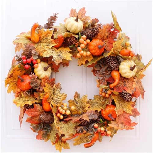 50cm Autumn Wreath Artificial Rattan Garland with Pumpkin, Berries, Pine Cones and Maple Leaves for Front Door Thanksgiving Halloween Christmas Decor