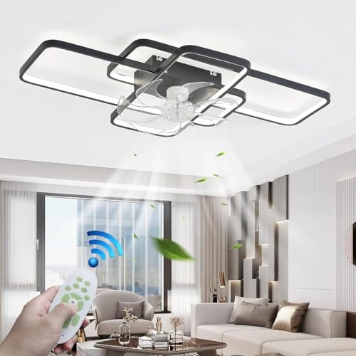 JZFOACHR Ventilatore da soffitto LED da 80 W con Telecomando e App, Design Geometrico dimmerabile, Lampada silenziosa con Timer per Camera da Letto, Soggiorno e Sala da Pranzo - Plafoniera Moderna