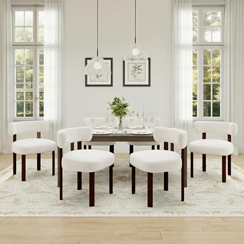 COLAMY Mid-Century Modern Design Sherpa Esszimmerstühle 6er Set, Vintage Landhaus-Stil Bouclé Küchenstühle mit offener geschwungener Rückenlehne für Esszimmer, Restaurant, Beige