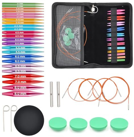 Tiiyee Ferri Circolari Intercambiabili, Set Mini Ferri da Maglia 5 cm Alluminio, 12 Misure 3–8 mm 4 Cavi 15–55 cm con Connettori, Kit per Maglieria Calze Sciarpe Cappelli Progetti Portatili da Viaggio