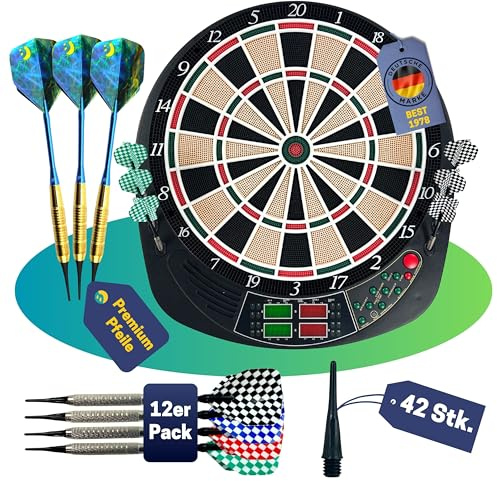 Best Sporting elektr. Dartscheibe Coventry - 27 Spiele mit 159 Varianten, bis zu 16 Spieler, 12 Dartpfeilen & Ersatzspitzen, LED-Anzeigen, Soundeffekt, weiße Spinne mit Typhoon - Softdarts 3er Set
