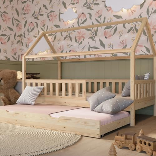 Crazy Pine Montessori Hausbett mit Ausziehbett Crazy Blanco 90x200 cm Natur
