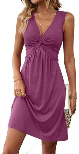 LIAMERHE Abito Estivo Donna Senza Maniche Scollo a V Elegante Vestito Casual Vita Alta A-Line Boho Chic Casual Abiti Corti per Mare Spiaggia e Party Viola M