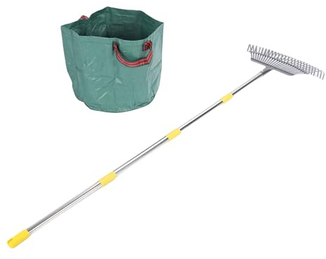 Rastrillo de jardín Ajustable para Hojas, rastrillo de Herramientas de jardín Desmontable de Metal con Bolsa de Hojas Reutilizable para césped, arbustos, macizos de Flores