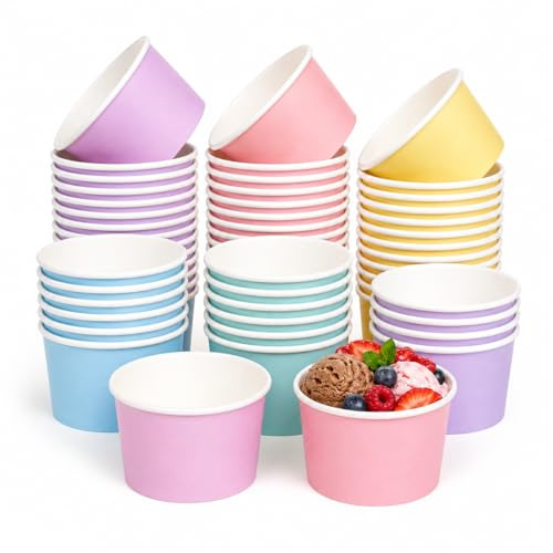 60 Pack Pastel Ice Cream Tubs, 5.5oz/160ML Disposable Dessert Bowls, 6 Vibrant Pastel Colors Ice Cream Pots for Garden Party, School Fete, Birthday, Summer BBQ, Leak-Proof Paper Cups for Sweets Snacks