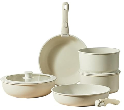 Set Di Antiaderenti - Padella In Ceramica Bianca Crema, Con Manico Staccabile, Pentola Da Cucina A Induzione, Granito Adatto Al Forno | Set Di Impilabili Per Una