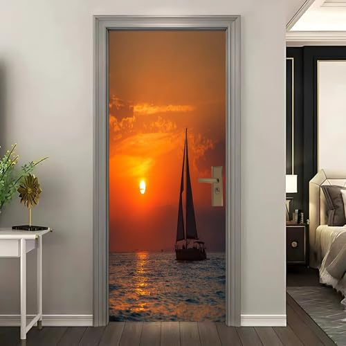 Moderne 3D Türtapete Selbstklebend 95x205 cm Meer Segelboote Sonnenuntergang Türfolie PVC Wasserdicht Türaufkleber Türposter Wanddekoration Orange Farbe für Schlafzimmer Wohnzimmer Flur