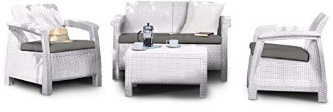 Keter Corfu Lounge Set Mobili da Esterno in Rattan con Divano 2 Posti 2 Poltrone e Tavolino, Bianco, 50X168X75 Cm