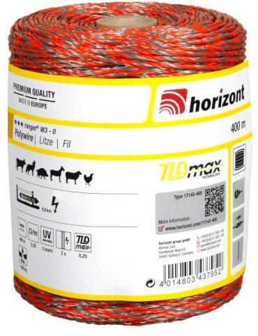 horizont Weidezaunlitze ranger® W3-O, 400 m lang, orange, 3x 0,25 mm TBmax-Leiter, 160 kg Bruchlast, für Mittlere bis lange Zäune, Weidezaunband, Breitband Litze, Elektrozaun