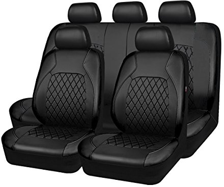 HORSE KINGDOM Universal Deluxe Pu Luxury Vinyl Faux Leather Car Seat Covers Full Set, Airbag Compatible, Breathable, Fit for Cars, Trucks, SUV (All Black)