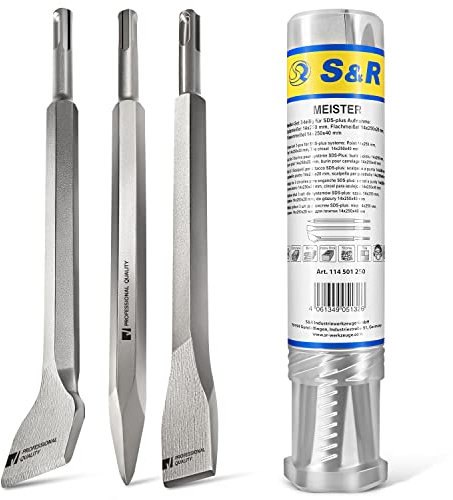 S&R Scalpelli SDS-plus Set di 3 Scalpelli per Piastrelle Pavimento Tracce Muro (Scalpello Largo Angolato) x Martelli e Trapani SDS-Plus