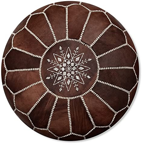 Poufs&Pillows Moroccan Leather Pouffe - Handmade - Delivered stuffed - Ottoman, leather footstool, floor cushion (Wood Brown)