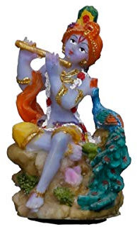 Sri Krishna Culture - Mini Krishna avec flûte et paon pour voiture - Dieu hindou et déesse Idol/statue/Murti/figurine (7,6 cm) - Résine polyester multicolore