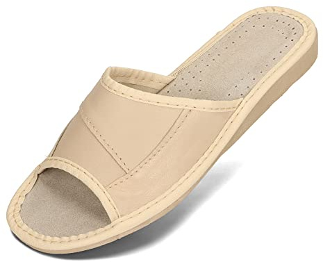 BeComfy Ladies Lädertofflor Tofflor 36-41 EU (Beige, Europeiska skostorlekar, Vuxen, Numeriskt, Medel, 36)