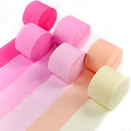 PartyWoo Krepppapier 6 Rollen 150 m, Kreppband Satz von Rosa, Pink, Pfirsich und Gelb, Creppapier, Krepp Papier für Partydeko, Geburtstagsdekorationen, Hochzeitsdekorationen (4,5 cm x 25 m/Rolle)