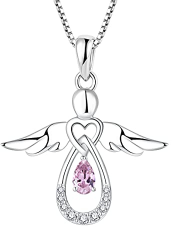 FJ Damen Kette Schutzengel Anhänger Halskette 925 Sterling Silber Engel Kette mit Geburtsstein Zirkonia Schmuck Geschenke für Frauen Mädchen