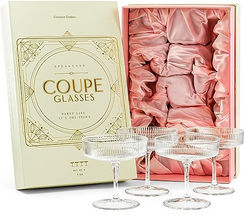 Copas Clásicas Art Déco Coupé | Juego de 4 | 200 ml | Cristalería Clásica para Cócteles, Champán, Martini, Manhattan, Cosmopolitan | Copas de Champán con Platillo de Cristal Acanalado