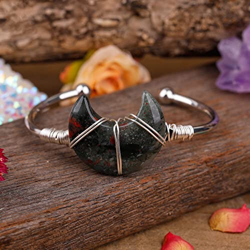 JIANGZ Edelstein Armband, Mode Offene Manschette Armreif Mond Natürlicher Blutstein Freundschaftsarmband Verstellbare Chakra Armbänder Edelstein Energie Glücksgeschenk Für Frauen Prom Party Schmuck