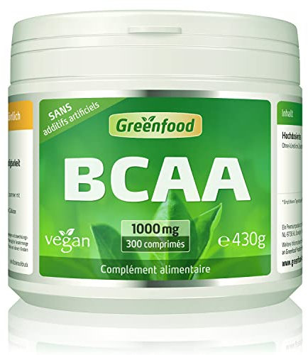 Greenfood BCAA, 1000 mg, dose élevée, 300 comprimés, vegan -Sans additifs artificiels. Sans génie génétique.