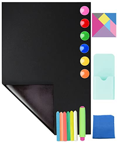 CHMMY Tafelfolie Magnetisch Selbstklebend, 45 x 100cm, Self-Adhesive Blackboard Film, Kreidetafel Abwischbar, 6 Dustless Chalk, 6 Magneten,Tuch,Tangram,Kreidehalter, Magnetic Pen Holder
