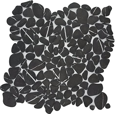SUNWINGS 10-Sheet Pebble Tile for Shower Floor Border Kitchen Bathroom Backsplash, Black marquina Recycled Glass Marble Stone Looks Wall and Floor Tile, Covers 7.9 Sq. Ft