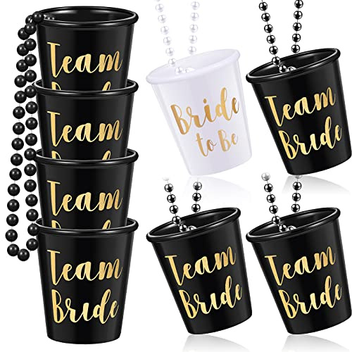 Boao 8 Pieces Bride Shot Necklace Glass, Bachelorette Shot Glass Necklace with Gold Foil for Wedding Bachelor Party and Bridal Shower Decorations(Black)