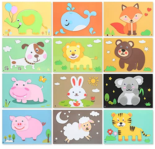 Coomir 12 Stück Mosaik Bastelsets Aufkleber Dschungeltiere für Kinder,3d-Aufkleber Diy Kinder Tier Handgemachte Aufkleber,Selbstklebende Cartoon-Schaum-Puzzle，Kunsthandwerk für Jungen und Mädchen