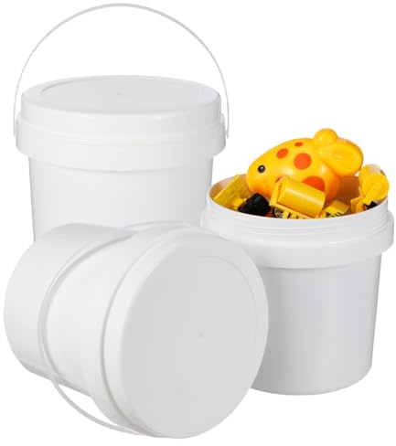 SEWOART 3Pcs White Plastic Bucket Storage Bucket 1L with Cover 12.5x11.8cm