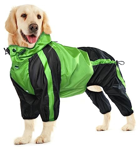 OUOBOB Dog Raincoat - Waterproof, Lightweight Jacket for Large Dogs - Adjustable 4 Legs Pet Poncho With Hood - Snow-Proof Vest With Leash Hole