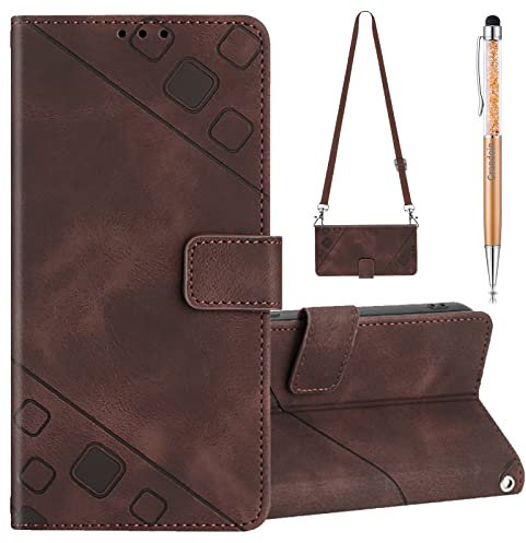 Grandoin Kompatibel mit Huawei P30 lite Hülle mit Band, Handykette Handyhülle mit Band Lederhülle Klappbar Flip Case Tasche Magnet Kartenfach Handyband zum Umhängen Schutzhülle mit Kette (Braun)