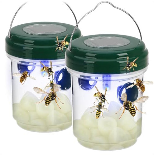 com-four® 2x Trappola per insetti, trappola viva 2 in 1 per zanzare e vespe con solare, sensore crepuscolare & LED blu da appendere – Trappola LED – anti-insetti (2 pezzi - verde - solare)