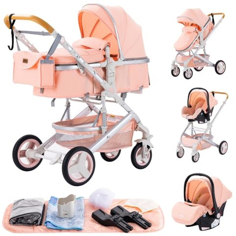 YAZOCO Passeggino 3 in 1 Carrozzina Multifunzionale Carrozzina Ovetto Pieghevole Set Passeggino Neonato Sedili Parapiedi Zanzariere Vista Dall'Alto (2 Rosa)