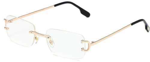 Ggpyyon Vintage Rechteck Randlose Sonnenbrille,Retro Rahmenlose Sonnenbrille für Damen Herren UV400-Schutz(Gold/Transparent)