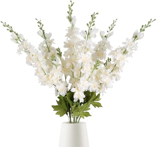 INSUNSIX 6 Stück Champagner-Seidenblumen, künstliches Rittersporn, 83,8 cm langer Stiel, Blumen für hohe Vasen, elfenbeinfarbene weiße Kunstblumen für Hochzeit, Tafelaufsätze für Heimdekoration,