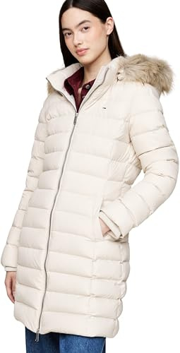 Tommy Jeans Abrigo de Plumas Mujer Essential Hooded Down Coat con Piel Sintética, Marfil (Newsprint), XXS