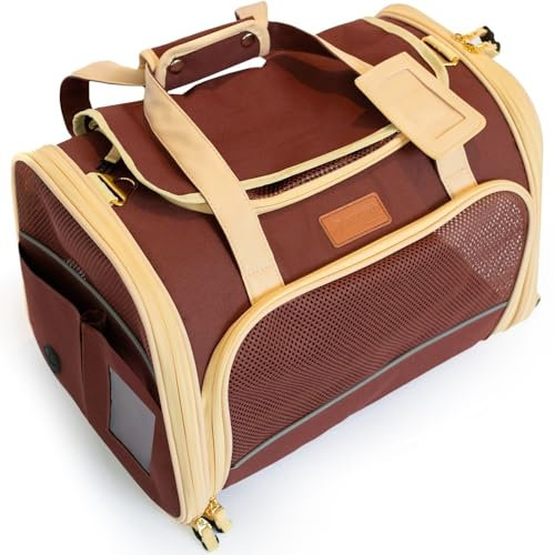 Transportbox Katze Hund Katzentransportbox Hundetasche Kleine Hunde Katzen Transportboxen Hundetragetasche Tragetasche Hund Katzentasche Katzenbox Transportbox Carrier (Braun 42 x 29 x 28 cm)