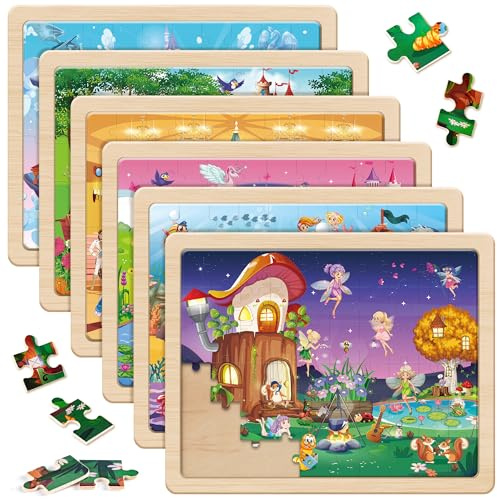 SYNARRY Puzzle Prinzessin ab 4 5 6 7 8 Jahre, 6 x 60 Teilen Kinder Einhorn Holzpuzzle, Vorschule Lehrreiches Spielzeug, Geschenke für Kinder Mädchen Jungen