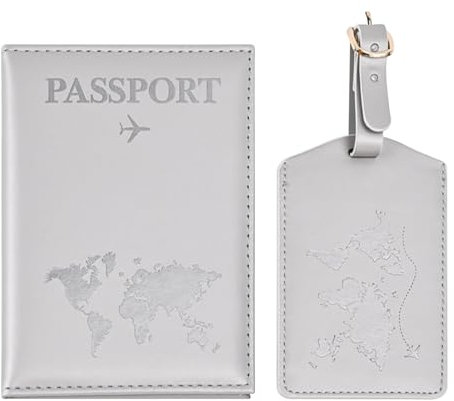 Greyoe Reisepasshülle, Reisepass Organizer, Passport Cover, PU-Leder Reisepass Hülle + Kofferanhänger, für Damen und Herren Urlaub Zubehör Travel Essentials (Nebelgrau)