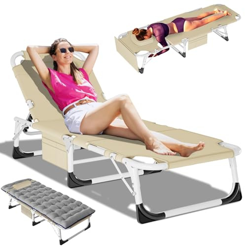 DoCred Heavy Duty XXL Tanning Chair with Face Hole&Mat, Oversized 5-Position Folding Chaise Lounge Chairs for Outside, Portable Beach Lounge Chair for Outdoor Sunbathing Beach Pool Lawn Camping