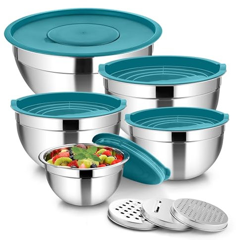 Homikit Rührschüssel 5er Set, Edelstahl Schüssel Schüsselset mit Luftdichtem Deckel, Salatschüssel mit 3 Reibenaufsätzen für Küche, Stapelbar, Spülmaschinenfest, 4,6L/2,8L/1,6L/1,2L/0,7L, Blau