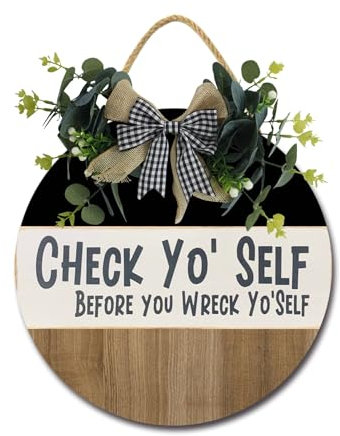 Check Yo Selbst-Haustürschild, lustige Kränze, hängende Holzschild, Dekoration, rund, rustikales Holz, Bauernhaus-Veranda-Dekoration für Zuhause, Haustür-Dekoration, 27,9 x 27,9 cm
