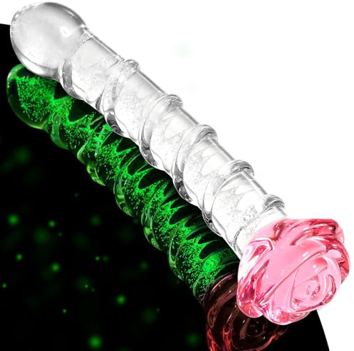Glass Dildo Sex Toys for Women – 8 Inch Curved Ribbed Dildo with Glow-in-the-Dark Wand, Borosilicate Rose Toy for Couples, LGBTQ & Female Gifting