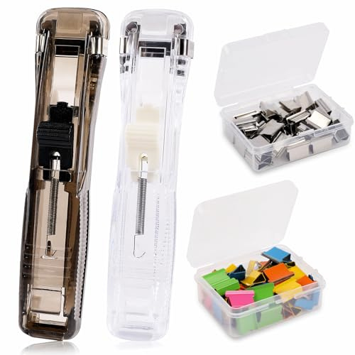 2 Pcs Portable Handheld Paper Clam Clip Dispenser with 100 Pcs Paper Clam Clip Refills Mini Push Stapler Dispenser Papers Clamps for Fixing Documents