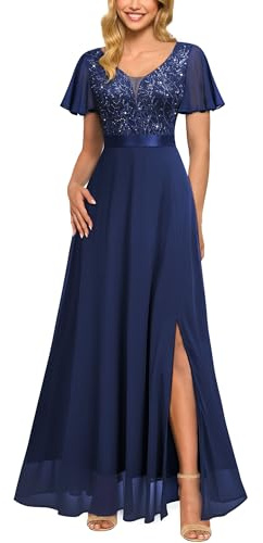 MIUSOL Women's Elegant Double V-Neck Sequin Embroidered Prom Bridesmaids Party Gown Formal Maxi Dress (Meidum, Navy Blue)