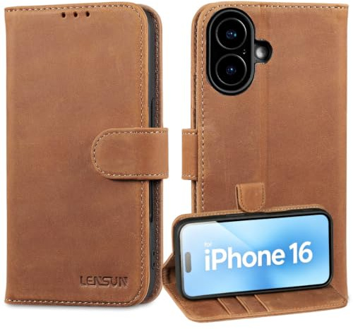 LENSUN Echtleder Hülle für iPhone 16, Klappbar Ledertasche - Vintage Braun | Handyhülle Echtes Leder, Standfunktion, RFID Schutz Handytasche, Retro Lederhülle, Bookstyle Wallet